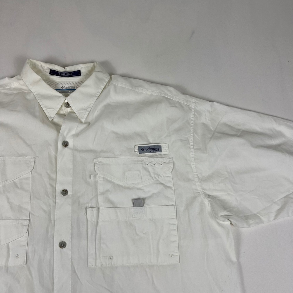 Columbia PFG Bonehead Shirt XLT White Cotton Short Sleeve Fishing Excellent
